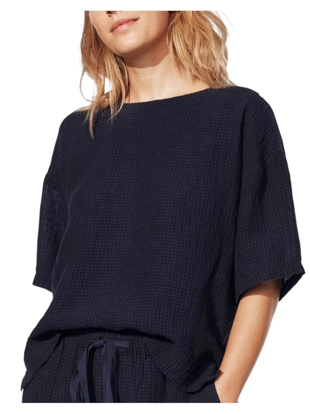 Eileen Fisher Organic Linen Puckered Jewel Neck Box Top Ink Blue Mini Check